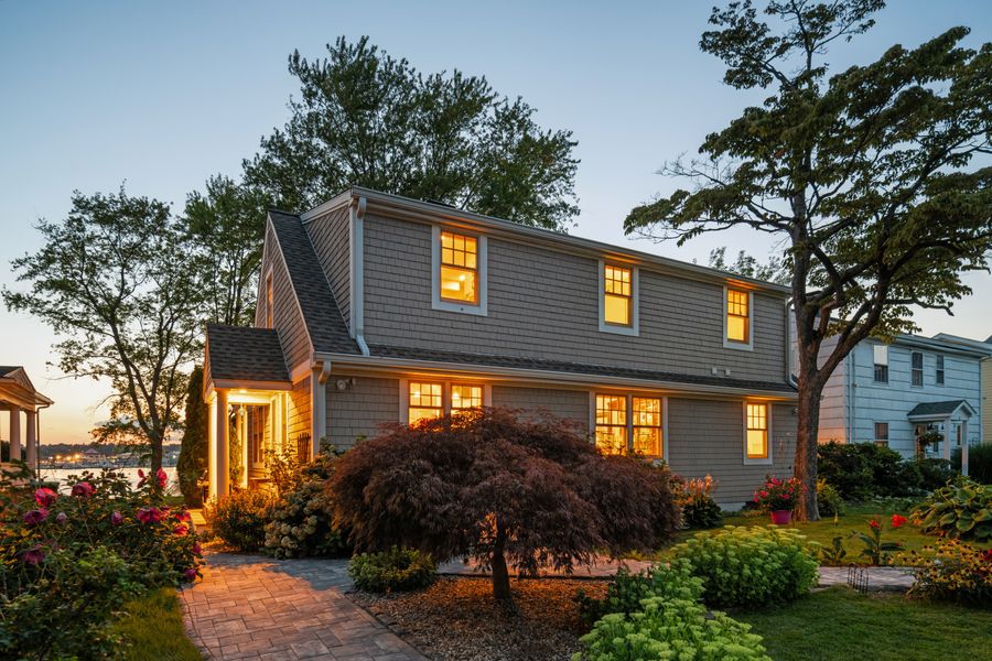 Front elevation at twilight